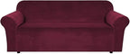 H.VERSAILTEX Stretch Velvet Sofa Covers for 3 Cushion Couch Covers Furniture Protector Soft with Non Slip Elastic Bottom, Crafted from Thick Comfy Rich Velour (Large Sofa 90"-97", Burgundy)