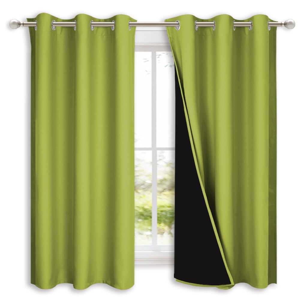 NICETOWN 100% Blackout Lined Curtains, Fresh Green, 1 Pair, 42" Width x 63" Length Each Panel, 2 Thick Layers Completely Blackout Window Treatment Panels Thermal Insulated Drapes for Kitchen