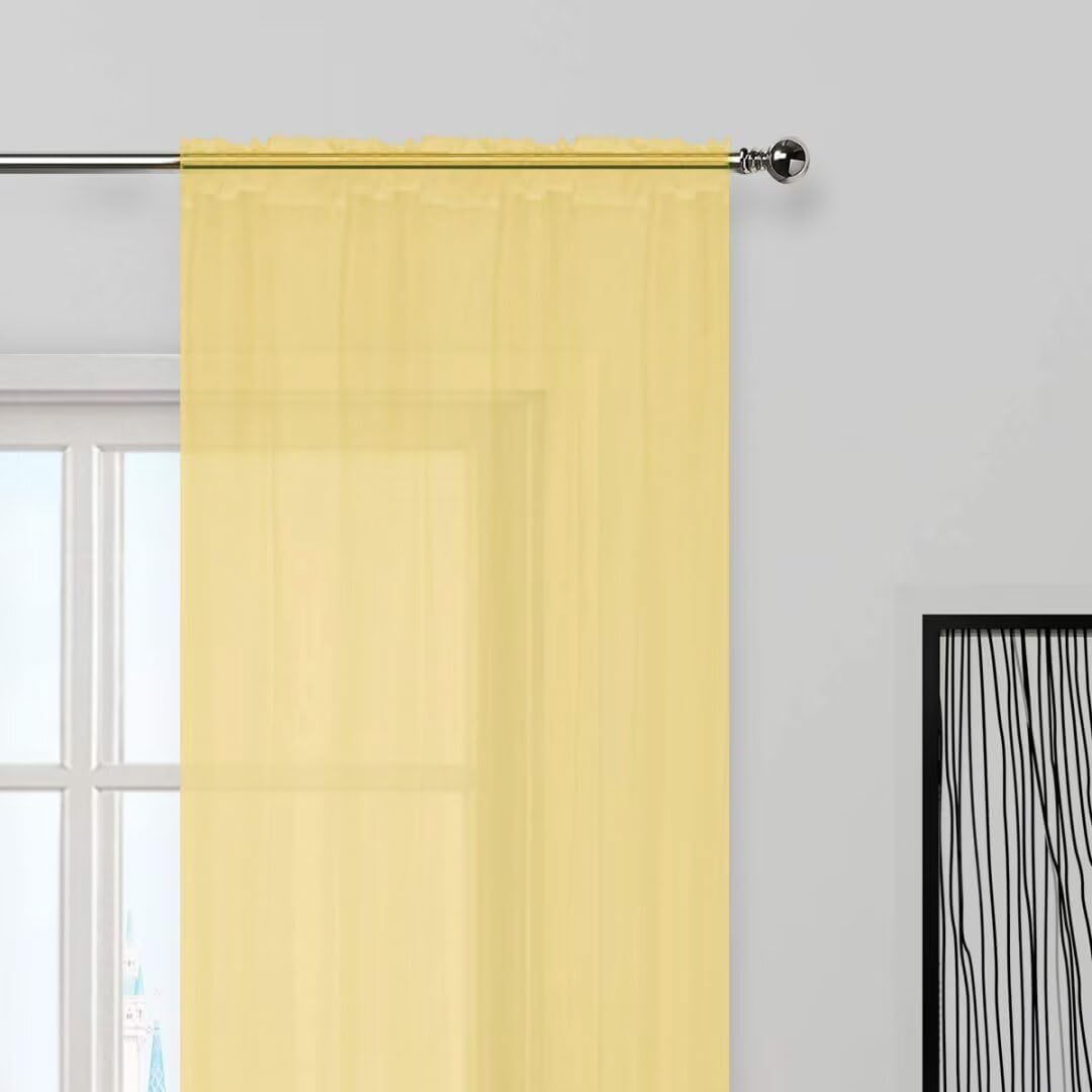 SpaceDresser Sheer Voile Window Treatment Rod Pocket Curtain Panels for Kitchen Bedroom Living Room Drapes Sunlight Filtering Privacy Semi Home Decor Assorted Colors Sizes (Yellow, 52 W x 72 L)