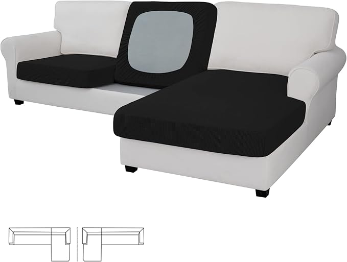 Easy-Going Stretch 3 Pieces Couch Cushion Covers for Sectional Sofa Left/Right L Shape Chaise Lounge Sofa Seat slipcover Anti-Slip Sofa Cover Soft (2 Seater + 1 Chaise, Black)