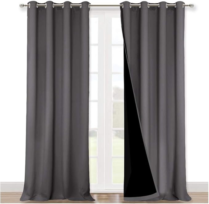 NICETOWN 100% Blackout Blinds, Set of 2, 52 inches x 120 inches, Laundry Room Decor Window Treatment Curtains for Large Patio Sliding Door, Thermal Insulated Grey Curtains for Bedroom