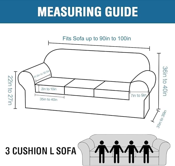 H.VERSAILTEX 4 Piece Stretch Sofa Covers for 3 Cushion Couch for Living Room Furniture Slipcovers (Base Cover Plus 3 Seat Cushion Covers) Thicker Jacquard Fabric (Large Sofa, Cream)