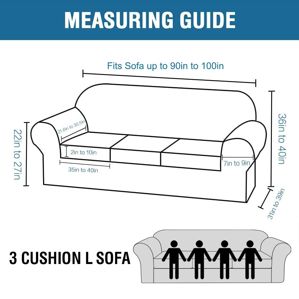 H.VERSAILTEX 4 Piece Stretch Sofa Covers for 3 Cushion Couch Covers for Living Room Furniture Slipcovers (Base Cover Plus 3 Seat Cushion Covers) Thicker Jacquard Fabric (Large Sofa, Grey)