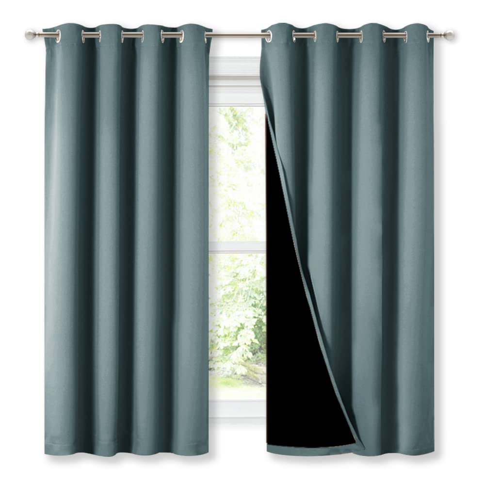 NICETOWN Extra Long Truly Blackout Drapes for Hall and Villa, 46-inch Width Each Panel, 45-inch Length, Greyish Blue, 2 Pieces, 100% Blackout Window Curtains with Black Lined for Night Shift Worker