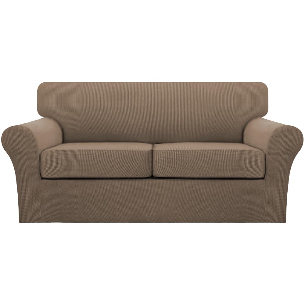 Turquoize 3 Piece Sofa Covers for 2 Cushion Couch Sofa Slipcover Soft Couch Cover for Dogs-Washable Sofa Furniture Cover with 2 Individual Cushion Covers, Feature Fabric (2 Cushion Sofa, Macchiato)