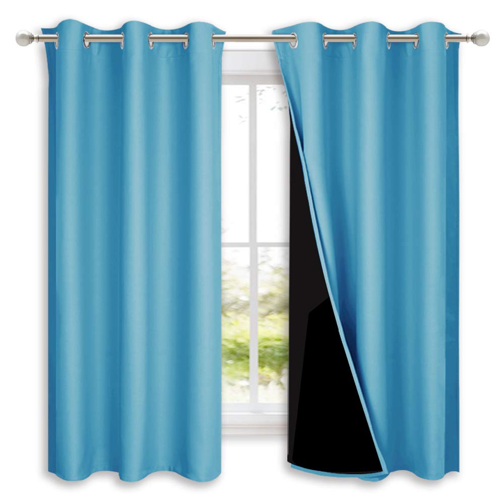 NICETOWN 100% Blackout Curtains 45 inches Long, Teal Blue, 1 Pair, 42 inches Width Each Panel, 2 Thick Layers Completely Blackout Window Treatment Thermal Insulated Lined Drapes for Small Window