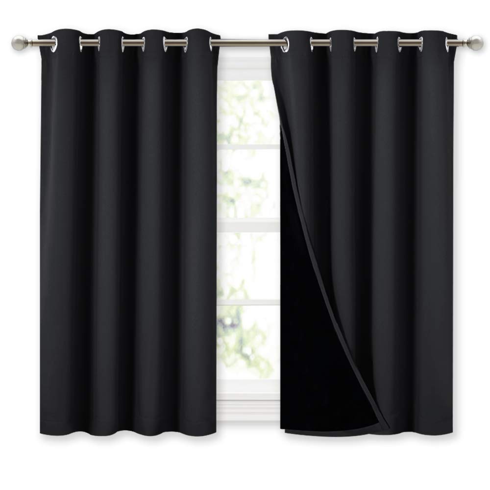 NICETOWN 100% Blackout Curtains 45 inches Length, 2 Thick Layers Completely Blackout Window Treatment Thermal Insulated Lined Drapes for Basement Window (Black, 1 Pair, 52 inches Width Each Panel)