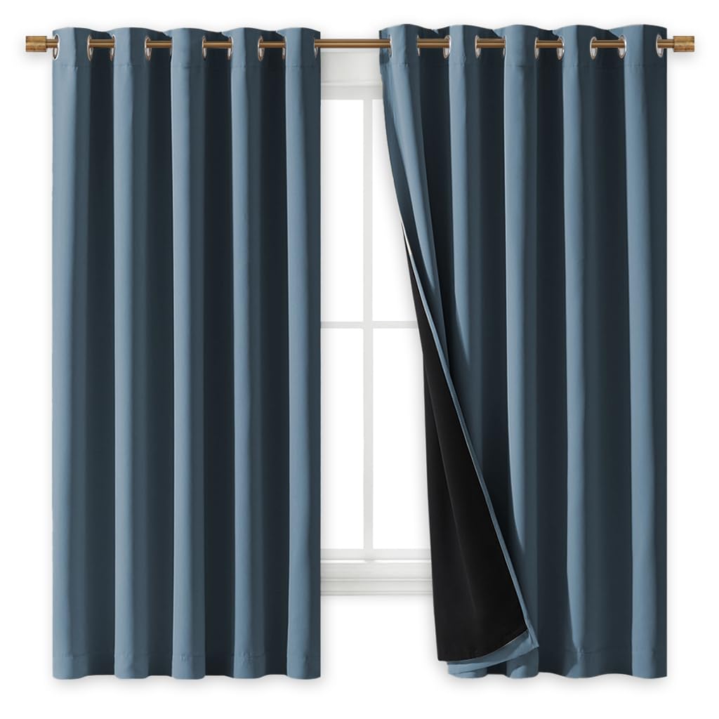 NICETOWN 100% Blackout Lined Curtains, Smoky Blue, 1 Pair, 62" Width x 63" Length Each Panel, 2 Thick Layers Completely Blackout Window Treatment Thermal Insulated Drapes for Kitchen/Bedroom