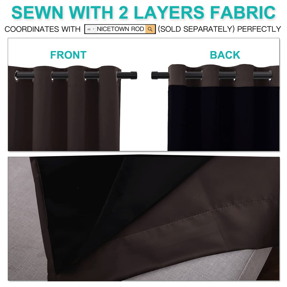 NICETOWN Complete 100% Blackout Curtains, Thermal Insulated & Energy Efficiency Window Draperies with Black Liner, Noise Reducing Short Curtains for Kids Room (Brown, 52-inch W by 63-inch L, 2 Panels)