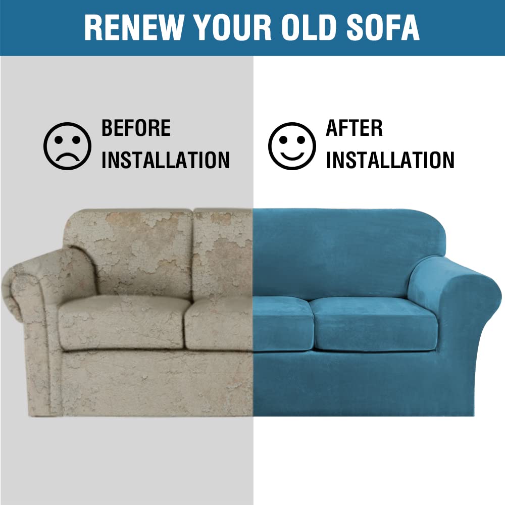 H.VERSAILTEX Velvet 4 Piece High Stretch Sofa Slipcover Cover Furniture Protector Form Fit Thick Velvet Extra Large Sofa Cover for 3 Cushion Couch Width Up to 105 Inch (XL Sofa, Peacock Blue)
