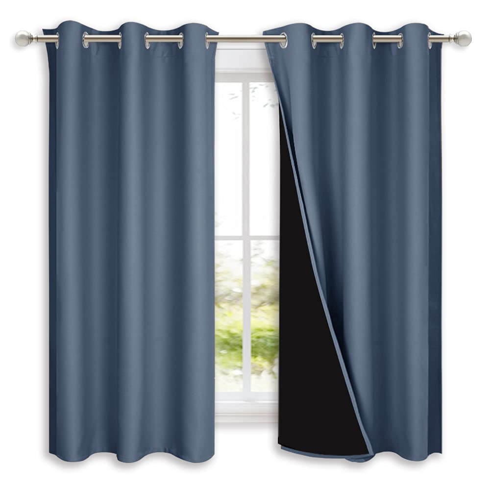 NICETOWN 100% Blackout Window Curtain Panels, Stone Blue, 2 Pieces, 37" Wide Each Panel, Heat and Full Light Blocking Drapes with Black Liner for Nursery, 50" Drop Thermal Insulated Draperies