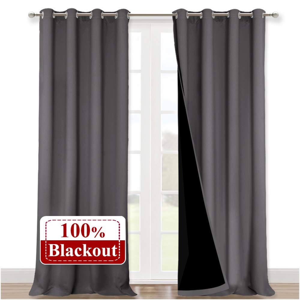 NICETOWN 100% Blackout Blinds, Set of 2, 52 inches x 102 inches, Laundry Room Decor Window Treatment Curtains for Large Patio Sliding Door, Thermal Insulated Grey Curtains for Bedroom