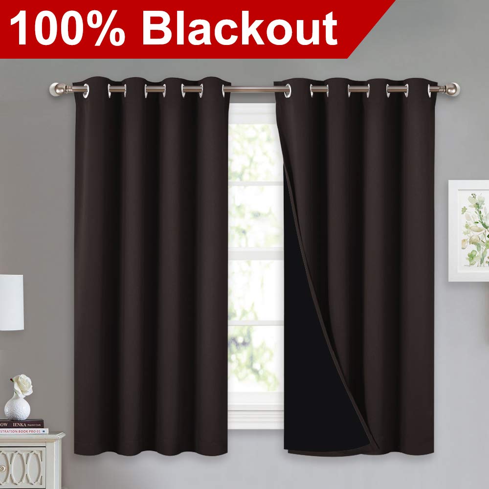 NICETOWN Truly Blackout Curtains 54 inches Length, 2 Thick Layers Completely Blackout Window Treatment Thermal Insulated Lined Drapes for Basement Window (Brown, 1 Pair, 52 inches Width Each Panel)