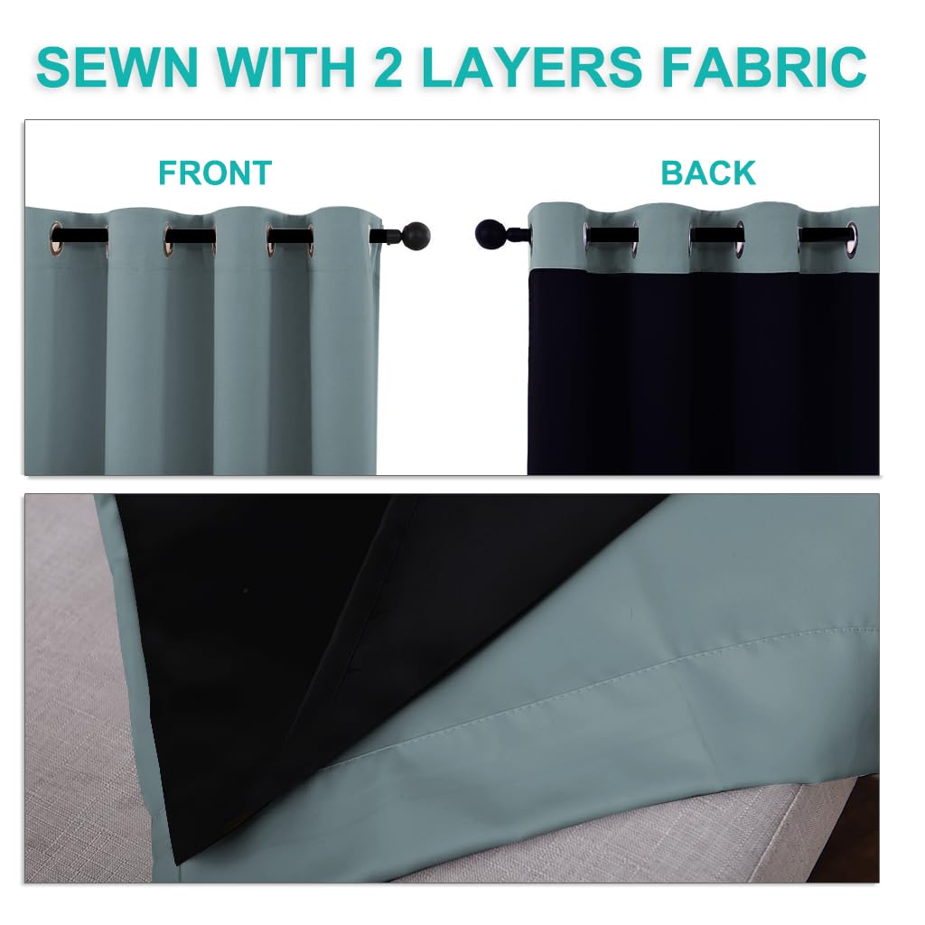 NICETOWN 100% Blackout Short Curtains with Black Liners, 2 Panels, 37" W by 50" L, Greyish Blue, Solid Thermal Insulated Full Blackout 2-Layer Lined Drapes, Energy Efficiency Window Drapes for Bedroom