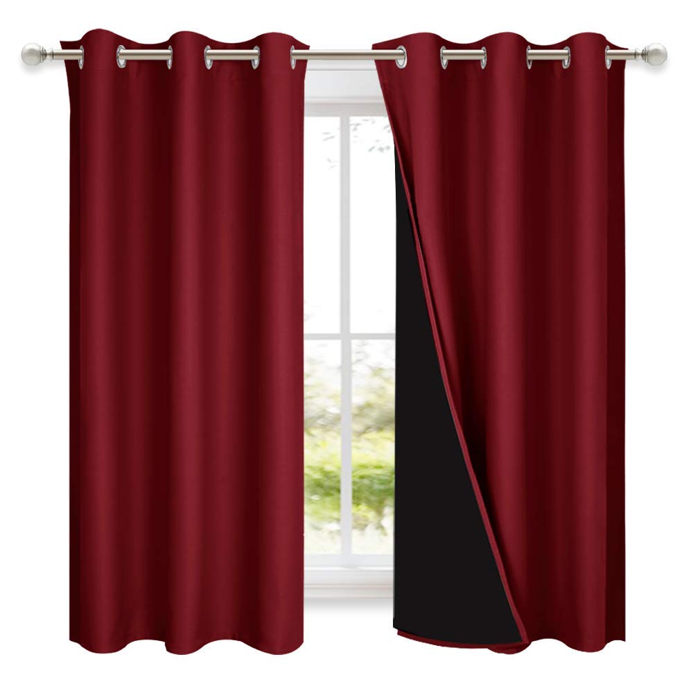 NICETOWN 100% Blackout Panels, Thermal Insulated Black Liner Curtains for Kitchen Room, Cold Blocking Drapes for Window Decoration (Set of 2, Burgundy Red, 42-inch Wide by 63-inch Long)