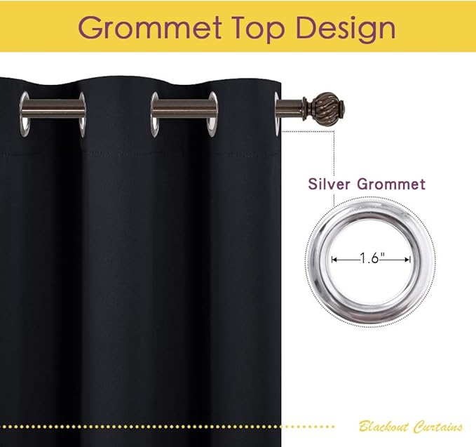 NICETOWN Bathroom Blackout Curtains and Drapes, Black Solid Thermal Insulated Grommet Blackout Drapery Panels for Window (2 Panels, 70 inches Wide by 63 inches Long, Black)