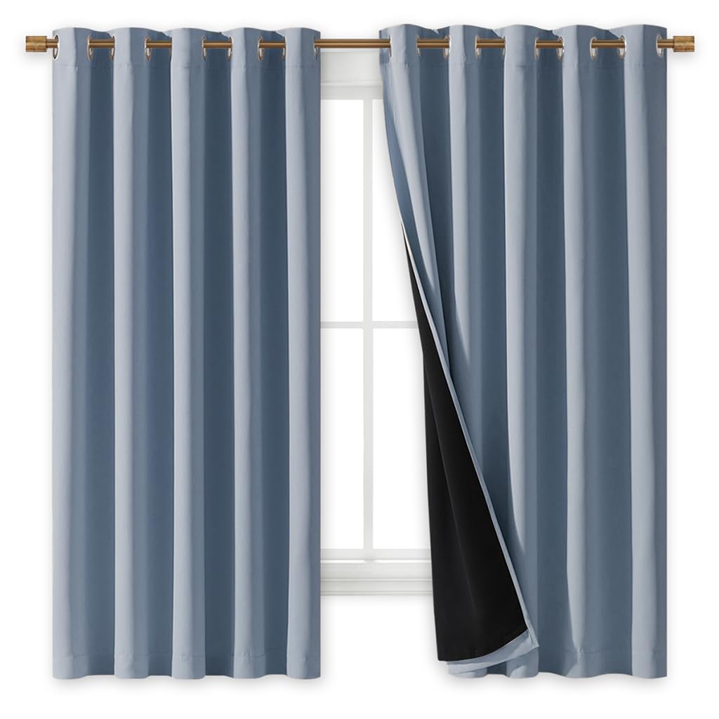 NICETOWN 100% Blackout Lined Curtains, Vintage Blue, 1 Pair, 70" Width x 63" Length Each Panel, 2 Thick Layers Completely Blackout Window Treatment Thermal Insulated Drapes for Kitchen/Bedroom