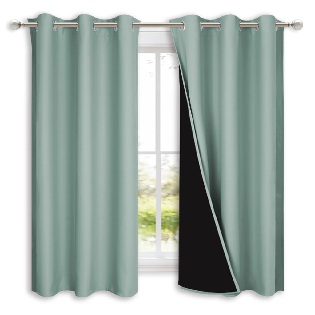 NICETOWN 100% Blackout Lined Curtains, Seafoam Green, 1 Pair, 42" Width x 63" Length Each Panel, 2 Thick Layers Completely Blackout Window Treatment Panels Thermal Insulated Drapes for Kitchen