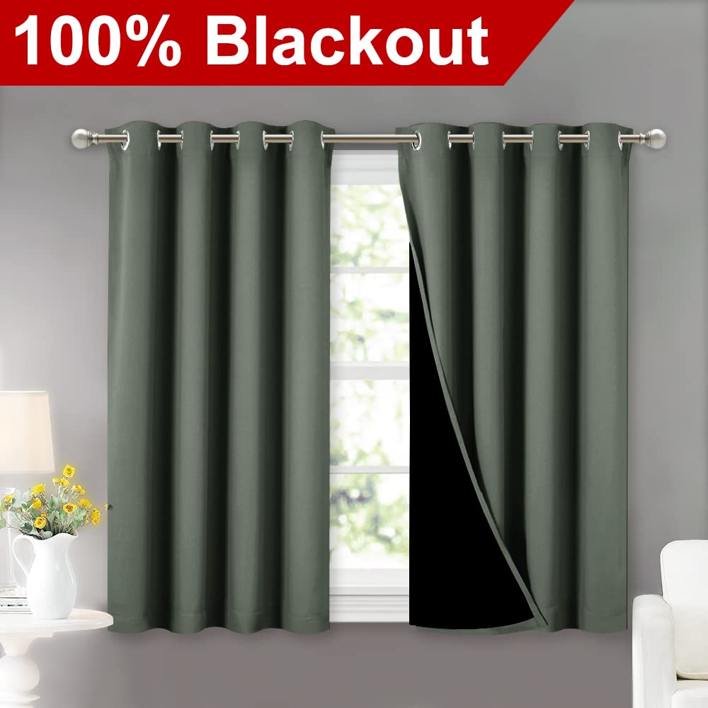 NICETOWN Dark Mallard 100% Blackout Curtains 45 inches Long, 2 Thick Layers Completely Blackout Window Treatment Thermal Insulated Lined Drapes for Small Window (1 Pair, 52 inches Width Each Panel)