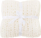 Bigacogo Chunky Knit Throw Blanket for Couch, 40x80 inches, 100% Hand Knitted with Thick Jumbo Chenille Yarn, Cozy Soft Large Rope Knot Cable Crochet Blankets for Sofa Bed Living Room, Ivory