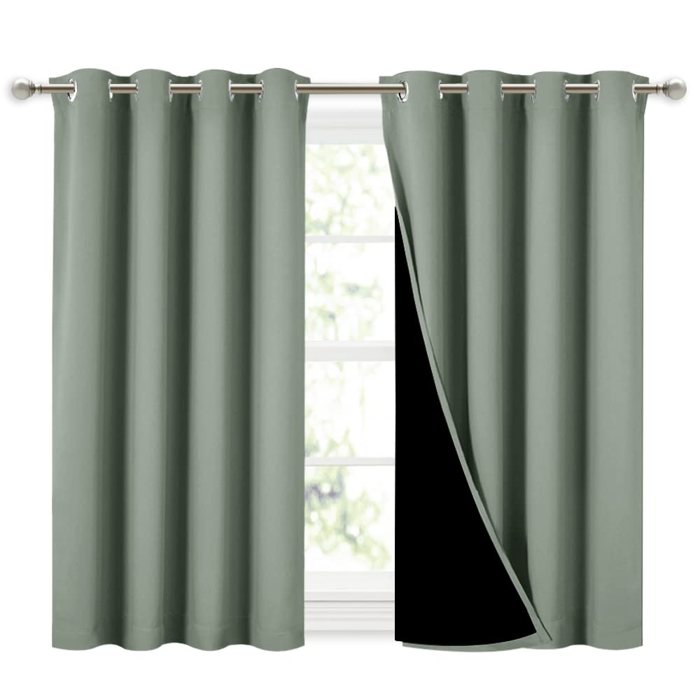 NICETOWN Greyish Green 100% Blackout Curtains 45 inches Long, 2 Thick Layers Completely Blackout Window Treatment Thermal Insulated Lined Drapes for Small Window (1 Pair, 52 inches Width Each Panel)