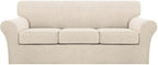 Turquoize 4 Piece Couch Cover Sofa Covers for 3 Cushion Couch Sofa Slipcovers Washable Sofa Cover for Dogs with Individual Couch Cushion Covers Feature Jacquard Fabric(3 Cushion Sofa, Biscotti Beige)