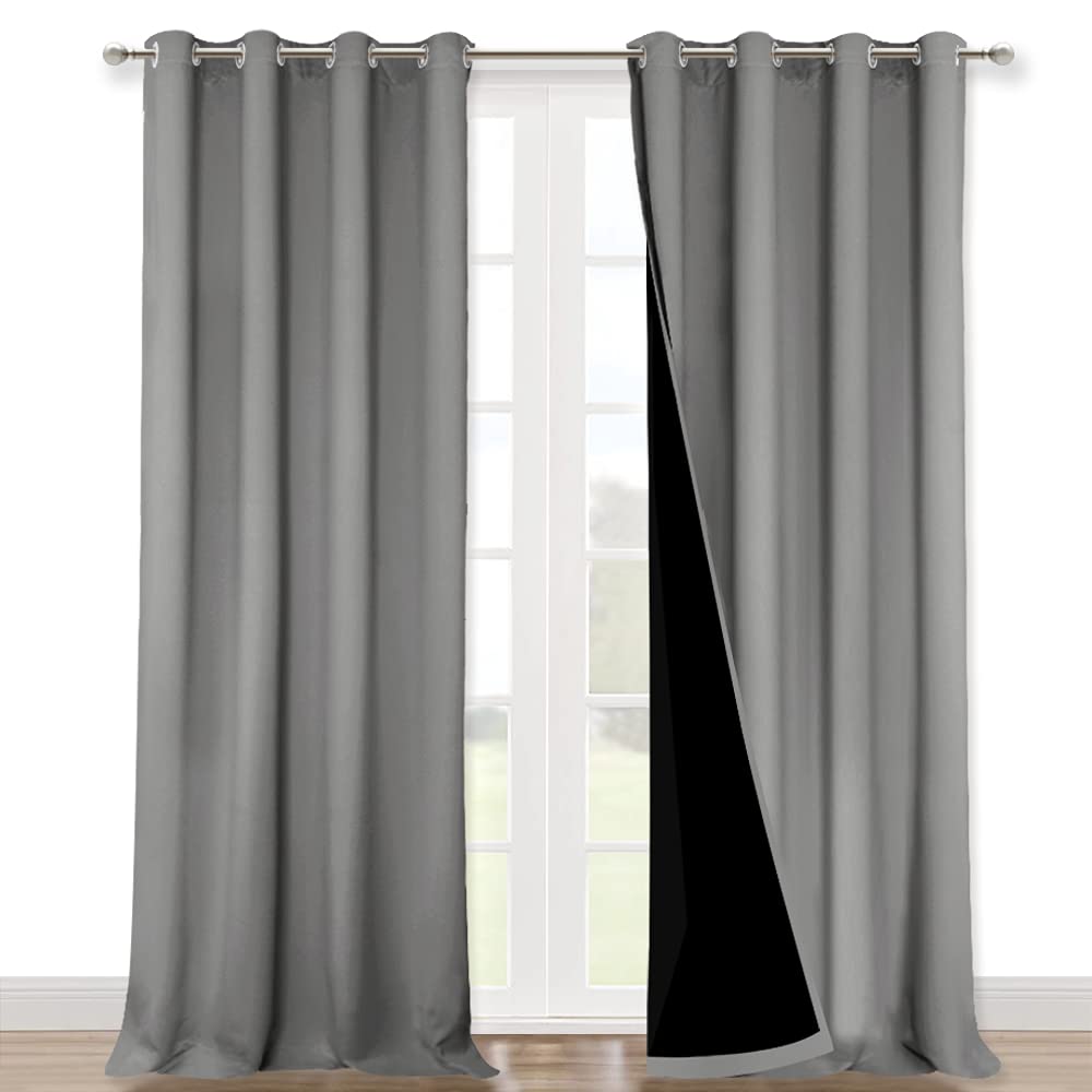 NICETOWN Total Shade Curtains and Draperies, Heavy-Duty Full Light Shading Drapes with Black Liner Backing for Villa/Hall/Dorm Window（Silver Grey, Package of 2 Panels, 52 inches Wide x 95 inches Long