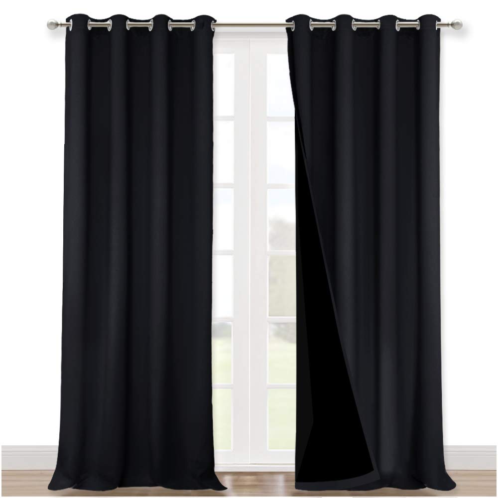NICETOWN Extra Long Truly Blackout Drapes for Hall and Villa, 100% Blackout Window Curtain Panels with Black Lined for Night Shift Worker, 52-inch Width Each Panel, 108-inch Length, Black, 2 Pieces