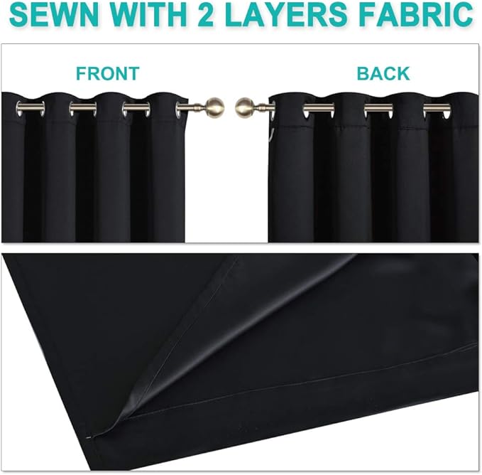 NICETOWN High-End Thermal Kitchen Curtains, Black, 37" Wide Per Panel, Set of 2 Panels, Full Blackout Curtains 80 Inches Long for Dining Room, Soundproof Window Treatment Drapes for Hall Room