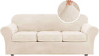 H.VERSAILTEX Modern Velvet Plush 4 Piece High Stretch Sofa Slipcover Sofa Cover Furniture Protector Form Fit Thick Velvet Sofa Cover for 3 Cushion Couch Width Up to 90 Inch (Sofa, Cream)
