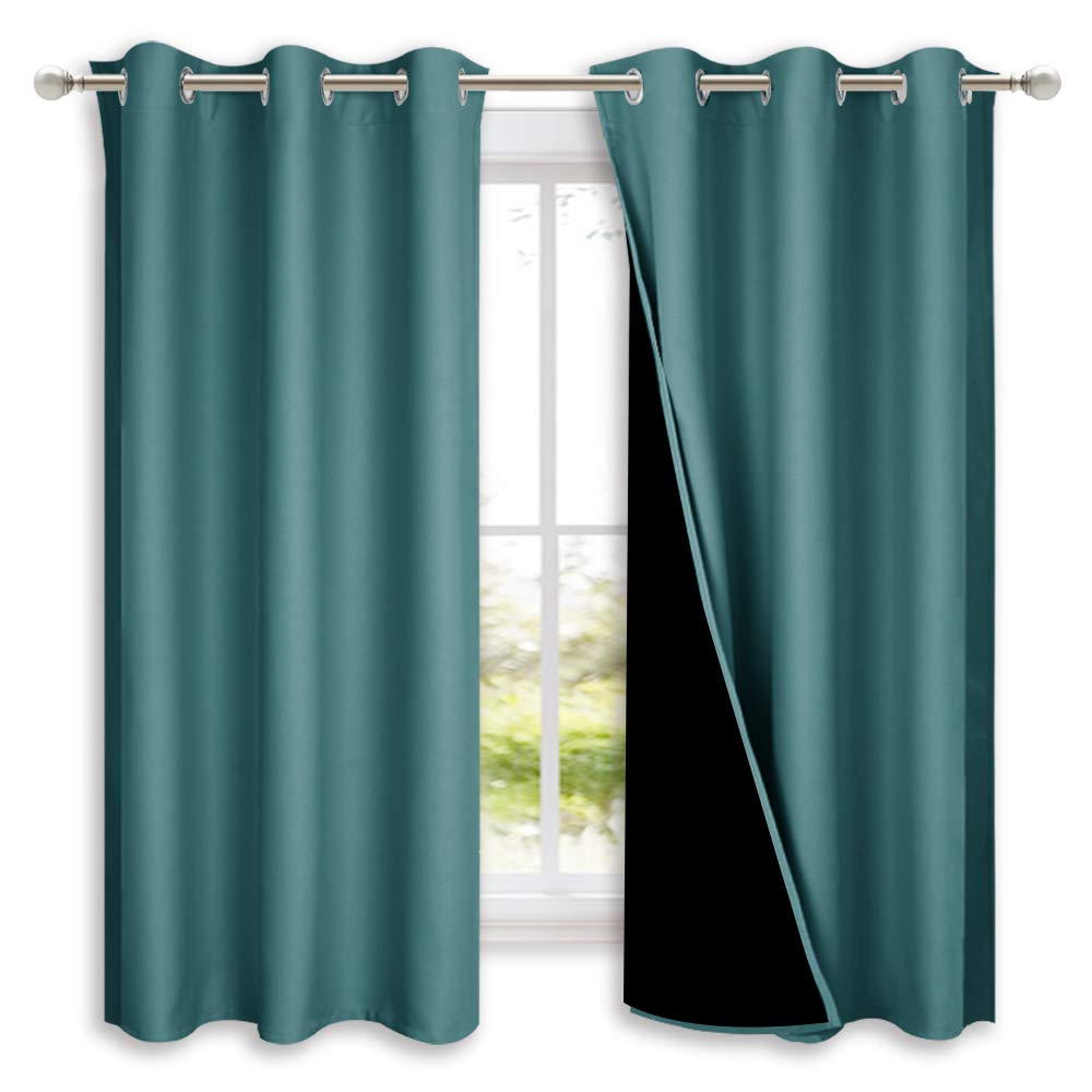 NICETOWN 100% Blackout Short Curtains with Black Liners, 2 Panels, 37" W by 63" L, Sea Teal, Solid Thermal Insulated Full Blackout 2-Layer Lined Drapes, Energy Efficiency Window Draperies for Bedroom