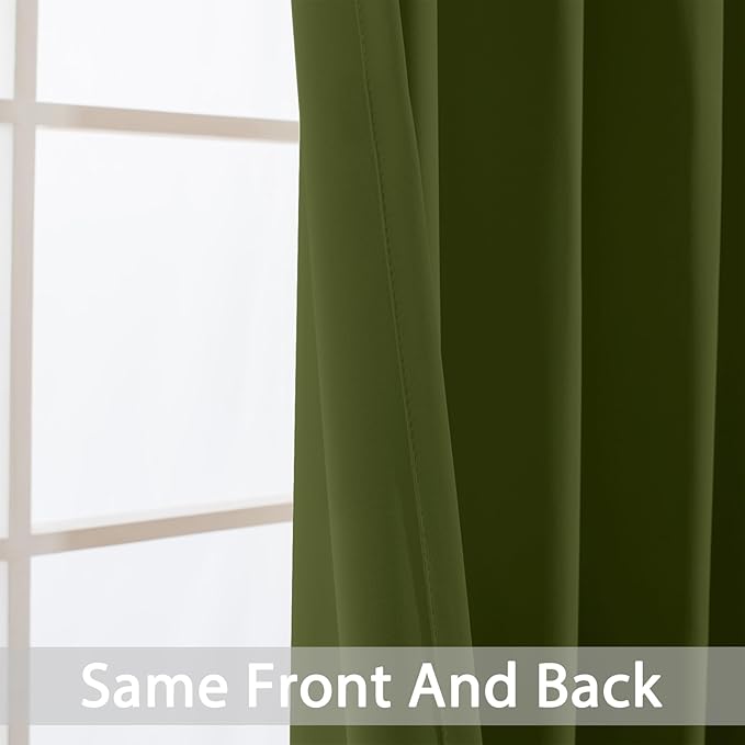 Yakamok Olive Green Blackout Curtains 63 Inches Length with Grommet Green Room Darkening Thermal Insulated Curtain Set of 2 Drapes for Bedroom Living Room, 52W x 63L,2 Panels