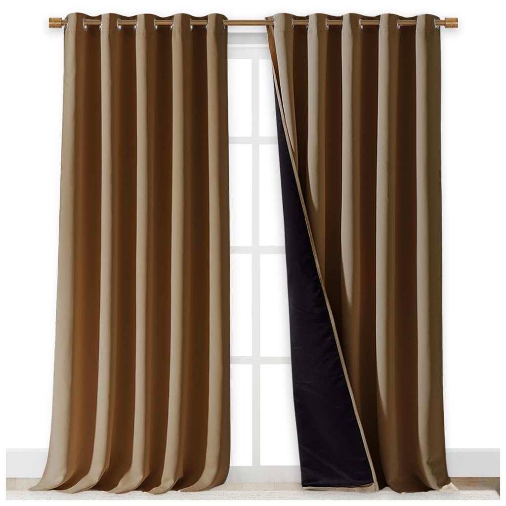 NICETOWN Total Shade Curtains and Draperies, Gold Brown, Package of 2, 62 inches Wide x 95 inches, LongHeavy-Duty Full Light Shading Drapes with Black Liner Backing for Villa/Hall/Dorm Window