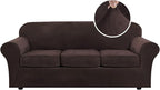 H.VERSAILTEX Modern Velvet Plush 4 Piece High Stretch Sofa Slipcover Sofa Cover Furniture Protector Form Fit Luxury Thick Velvet Sofa Cover for 3 Cushion Couch Width Up to 90 Inch (Sofa,Brown)