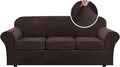 H.VERSAILTEX Modern Velvet Plush 4 Piece High Stretch Sofa Slipcover Cover Form Fit Luxury Thick Velvet Extra Large Sofa Cover for 3 Cushion Couch Width Up to 105 Inch (XL Sofa, Brown)