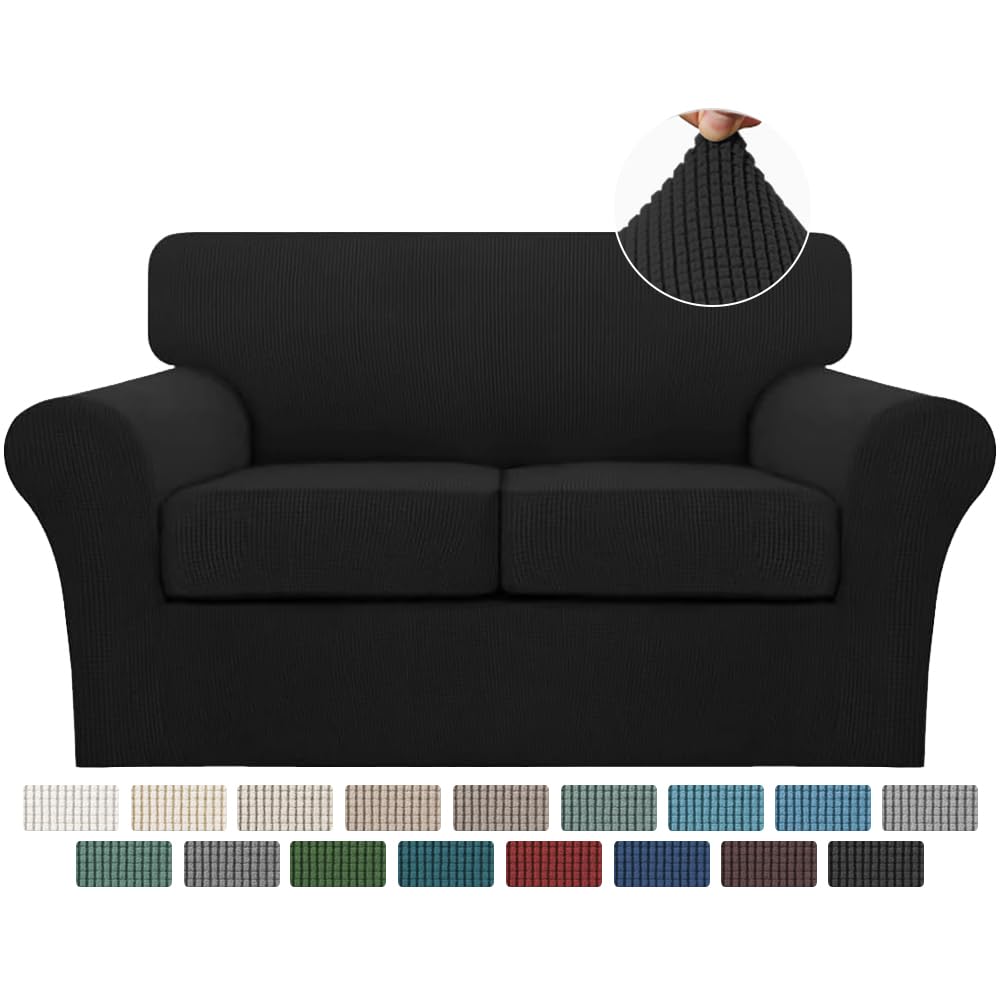 Turquoize 3 Piece Sofa Covers for 2 Cushion Couch Sofa Slipcover Soft Couch Cover for Dogs-Washable Sofa Furniture Covers with 2 Individual Cushion Covers, Feature Jacquard Fabric (Loveseat, Black)