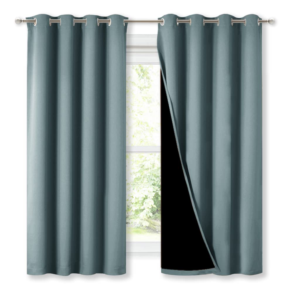 NICETOWN 100% Blackout Curtains with Black Liners, Thermal Insulated Full Blackout 2-Layer Lined Drapes, Energy Efficiency Window Draperies for Bedroom (Greyish Blue, 2 Panels, 52-inch W by 63-inch L)
