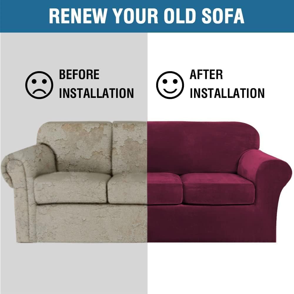H.VERSAILTEX Velvet 4 Piece High Stretch Sofa Slipcover Cover Furniture Protector Form Fit Thick Velvet Extra Large Sofa Cover for 3 Cushion Couch Width Up to 105 Inch(XL Sofa, Wine/Burgundy)
