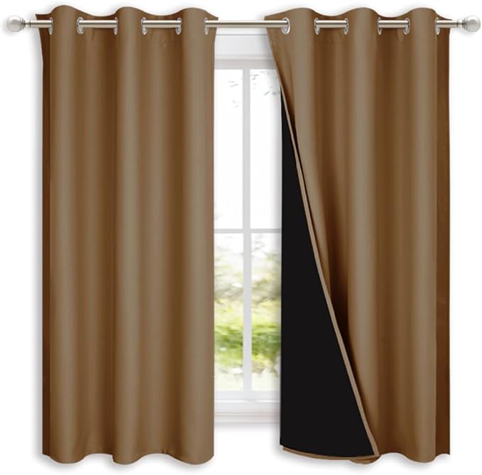 NICETOWN 100% Blackout Short Curtains with Black Liners, 2 Panels, 37" W by 63" L, Gold Brown, Solid Thermal Insulated Full Blackout 2-Layer Lined Drapes, Energy Efficiency Window Drapes for Bedroom