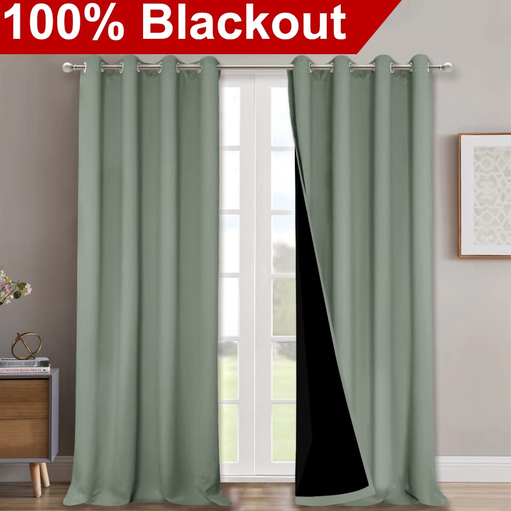 NICETOWN 100% Blackout Window Curtain Panels, Heat and Full Light Blocking Drapes with Black Liner for Nursery, 120" Drop Thermal Insulated Draperies (Greyish Green, 2 Pieces, 52" Wide Each Panel)