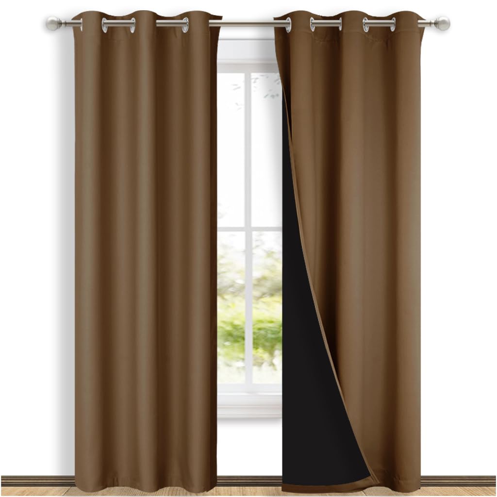 NICETOWN Blackout Curtains 80 inches Long, Gold Brown, 2 Pieces, 42" Wide Each Panel, Full Light Blocking Drapes with Black Liner for Nursery, Thermal Insulated Draperies for Hall, Villa
