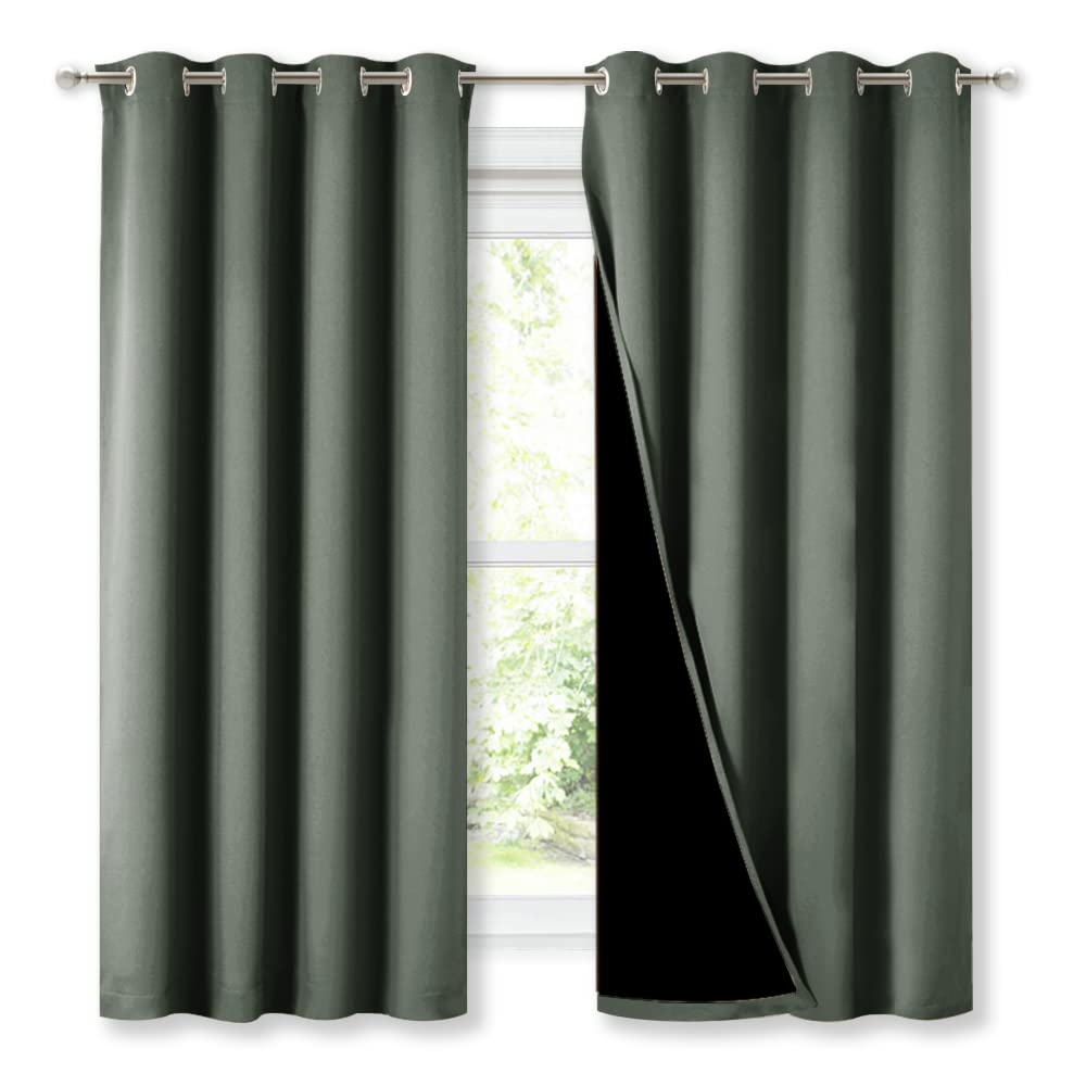 NICETOWN Dark Mallard 100% Blackout Lined Curtains, 2 Thick Layers Completely Blackout Window Treatment Thermal Insulated Drapes for Kitchen/Bedroom (1 Pair, 52" Width x 63" Length Each Panel)
