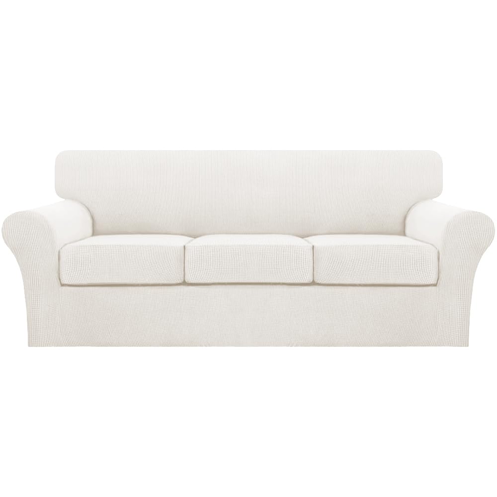 Turquoize 4 Piece Sofa Covers for 3 Cushion Couch Sofa Slipcover Soft Couch Cover for Dogs-Washable Sofa Furniture Cover with 3 Individual Cushion Covers (3 Cushion Sofa, Porcelain White)