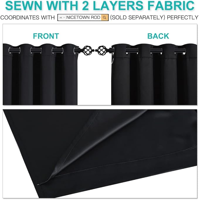 NICETOWN Truly Blackout Curtains 54 inches Length, 2 Thick Layers Completely Blackout Window Treatment Thermal Insulated Lined Drapes for Basement Window (Black, 1 Pair, 52 inches Width Each Panel)