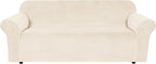 H.VERSAILTEX Stretch Velvet Sofa Covers for 3 Cushion Couch Covers Protector Soft with Non Slip Elastic Bottom, Crafted from Thick Comfy Rich Velour (Large Sofa 90"-97", Cream)