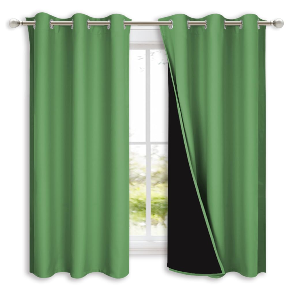 NICETOWN 100% Blackout Short Curtains with Black Liners, 2 Panels, 37" W by 40" L, Forest Green, Solid Thermal Insulated Full Blackout 2-Layer Lined Drapes, Energy Efficiency Window Drapes for Bedroom