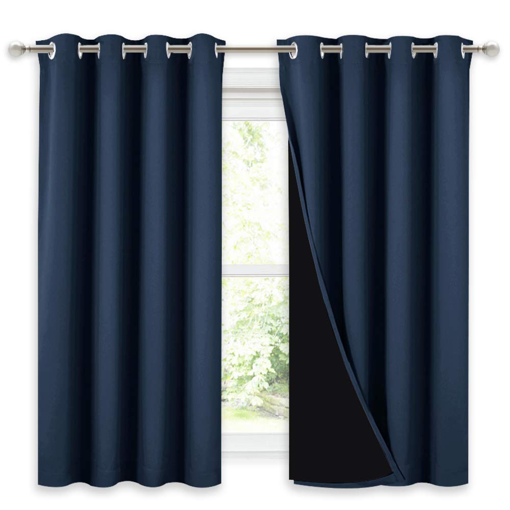 NICETOWN 100% Blackout Curtains with Black Liners, Thermal Insulated 2-Layer Lined Drapes, Energy Efficiency Small Window Draperies for Dining Room (Navy Blue, 2 Panels, 52 inches W by 54 inches L)