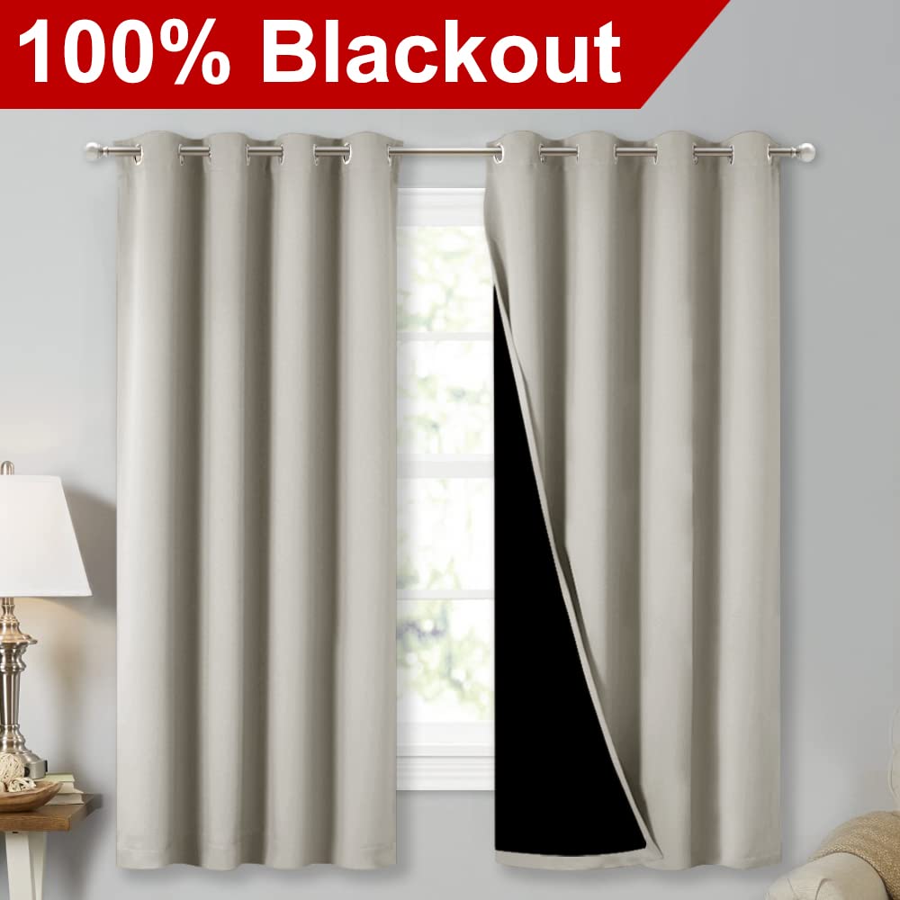 NICETOWN Extra Long Truly Blackout Drapes for Hall and Villa, 46-inch Width Each Panel, 45-inch Length, Natural, 2 Pieces, 100% Blackout Window Curtain Panels with Black Lined for Night Shift Worker