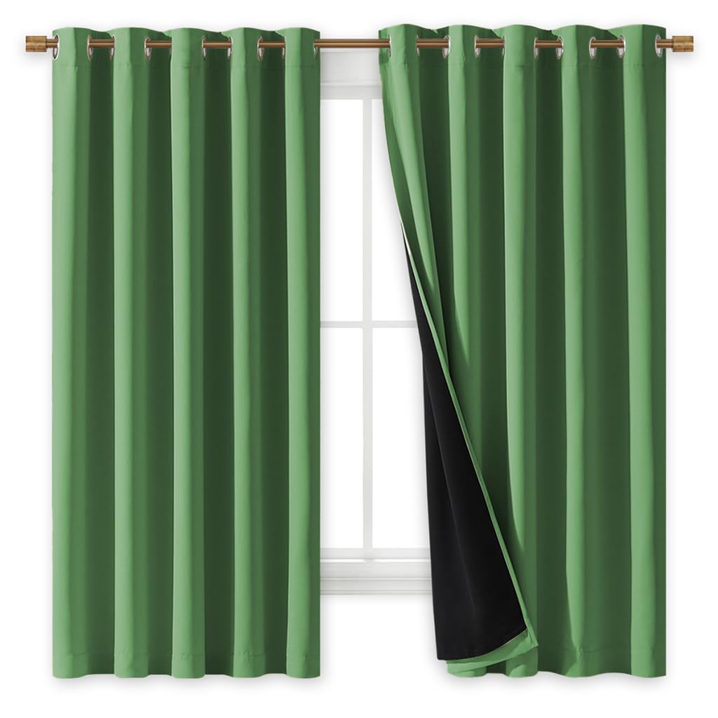 NICETOWN 100% Blackout Lined Curtains, Forest Green, 1 Pair, 70" Width x 63" Length Each Panel, 2 Thick Layers Completely Blackout Window Treatment Thermal Insulated Drapes for Kitchen/Bedroom