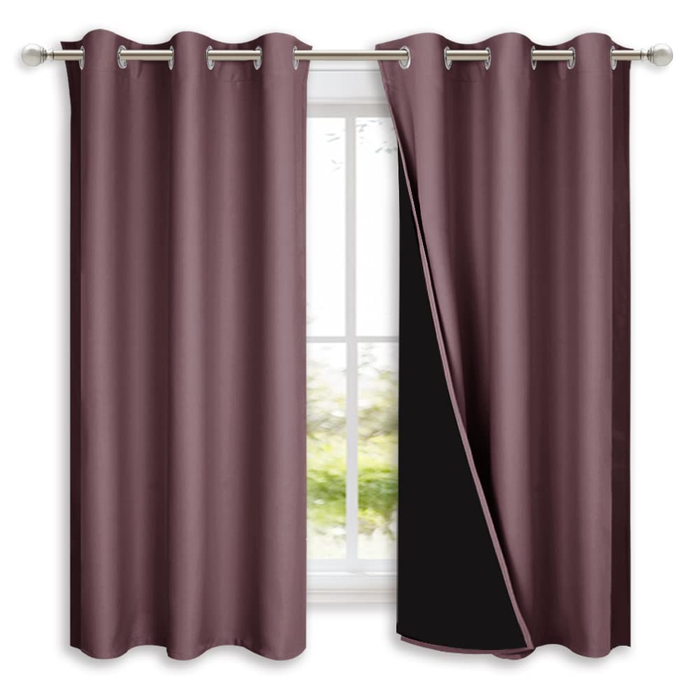 NICETOWN 100% Blackout Short Curtains with Black Liners, 2 Panels, 37" W by 40" L, Dry Rose, Solid Thermal Insulated Full Blackout 2-Layer Lined Drapes, Energy Efficiency Window Draperies for Bedroom